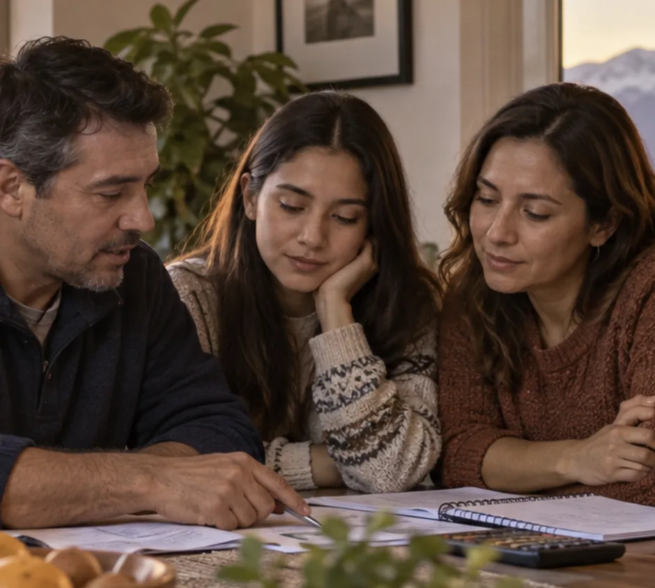 Una familia conversa y revisa sus planes en torno a una mesa.